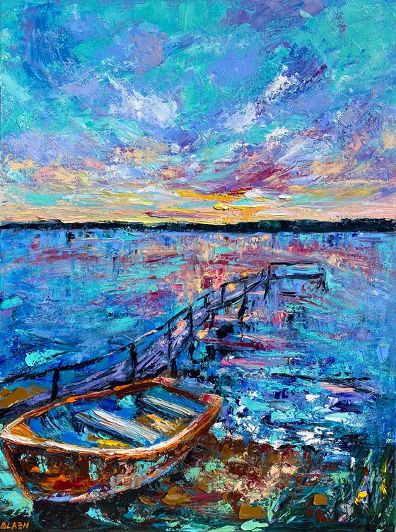 Sunset - On the shore, 60*80cm, impressionistic landscape oil painting in purple, blue and pink