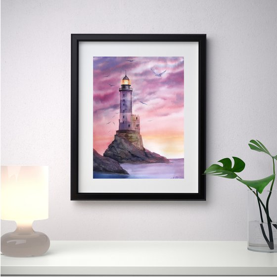 Lighthouse Sunset Original Watercolor painting - seascape wall art - sunset