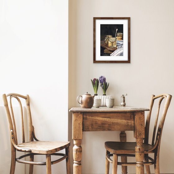 Still life with jars of honey on a wooden table. Original artwork.