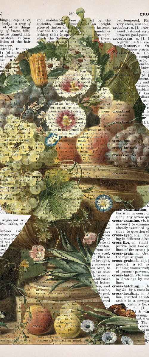 Queen Elizabeth II - Flowers and Fruits - Collage Art on Large Real English Dictionary Vintage Book Page by Jakub DK - JAKUB D KRZEWNIAK