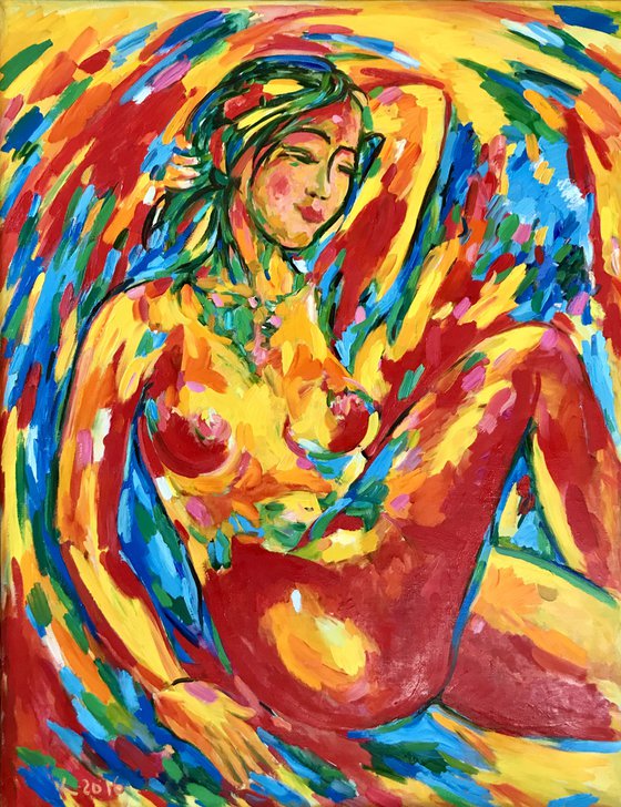 SUMMER DAY. NUDE - original oil painting, erotic art, female nude, hot summer day
