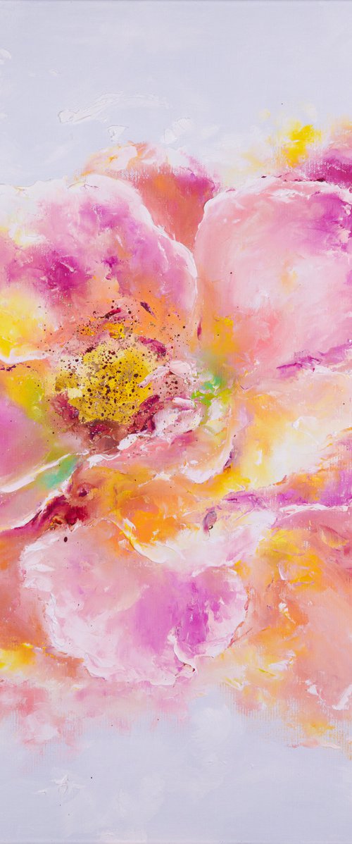 THE BIRTH OF TREASURE - Decorative flower. Floral abstraction. Large peony. Gold drops. Light pink. Dew. Fragility. Delight. by Marina Skromova