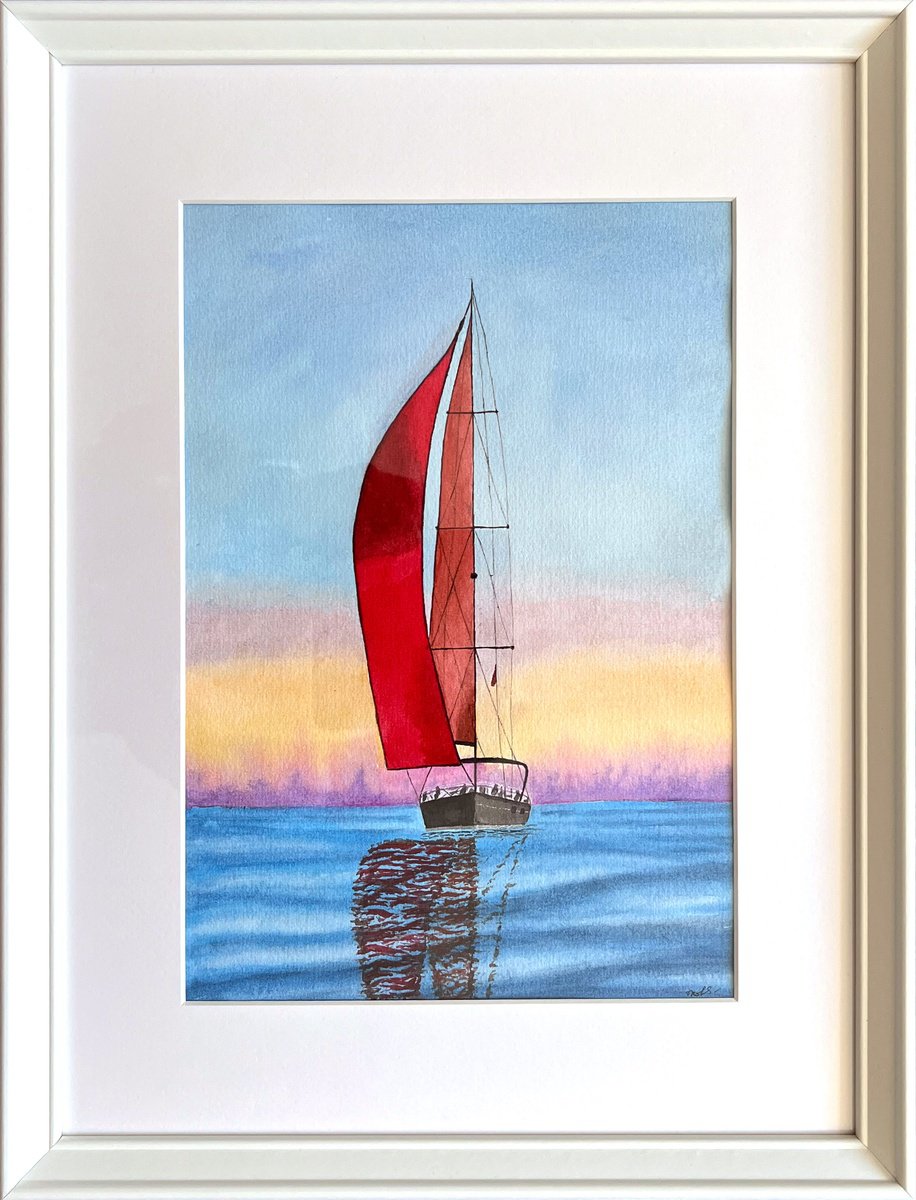 Photorealistic Landscape Watercolour By Tetiana Kovalova, 13 X 17", Scarlet Sailboat, Original Artwork