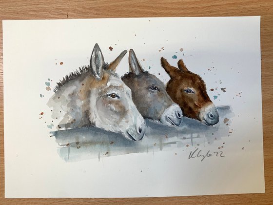Watercolour Donkey Trio