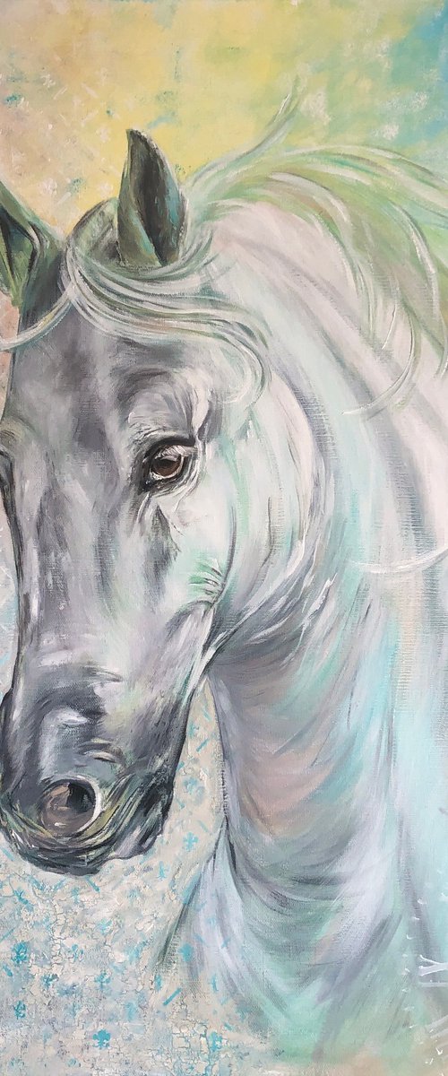 GRACE -White horse. Stallion. Totem animal. Running horse. Wild Horse. Gorgeous mane. Abstract background. Beauty. Force. Power. Steed. by Marina Skromova
