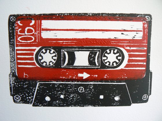 Linocut tapes #5 (cassette tapes, retro music, 70's, 80's rock culture)