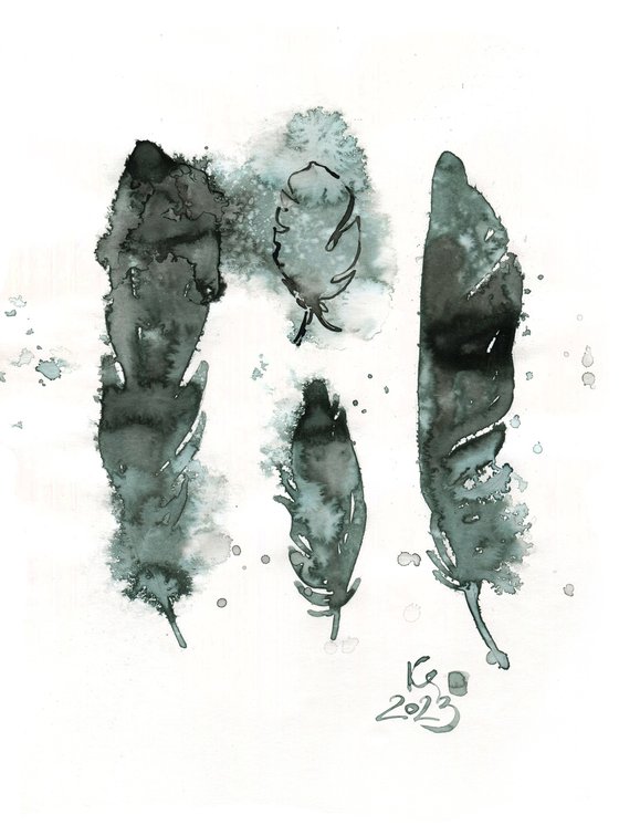 "Four bird feathers" abstract composition in ink monochrome gray-blue-green tones