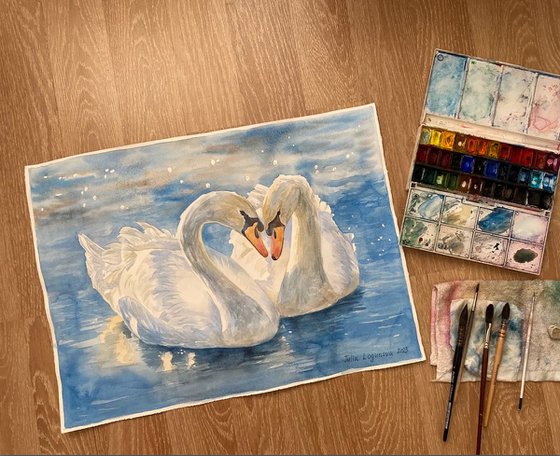 White Swans on the Pond Original Watercolour by Julia Logunova