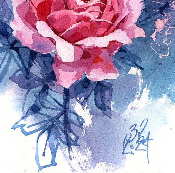 "Pearl" original watercolor of an English garden pink rose