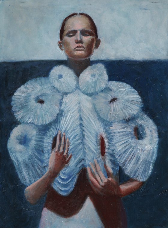 contemporary painting of fashion model in blue and white colors