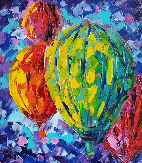 Colors in the sky - oil painting, balloon, air balloon, sky, colored sky, cappadocia, balloons in the sky by Anastasia Kozorez