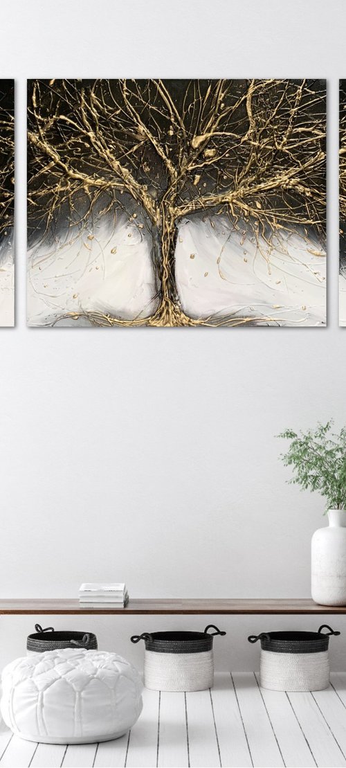 Black and Gold Tree Triptych 2 by Carol Wood