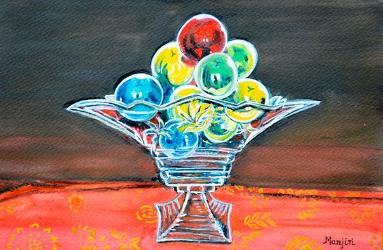 Still life watercolor painting christmas baubles in glass vase