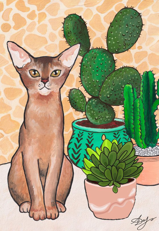 Abyssinian cat among cacti and succulents.