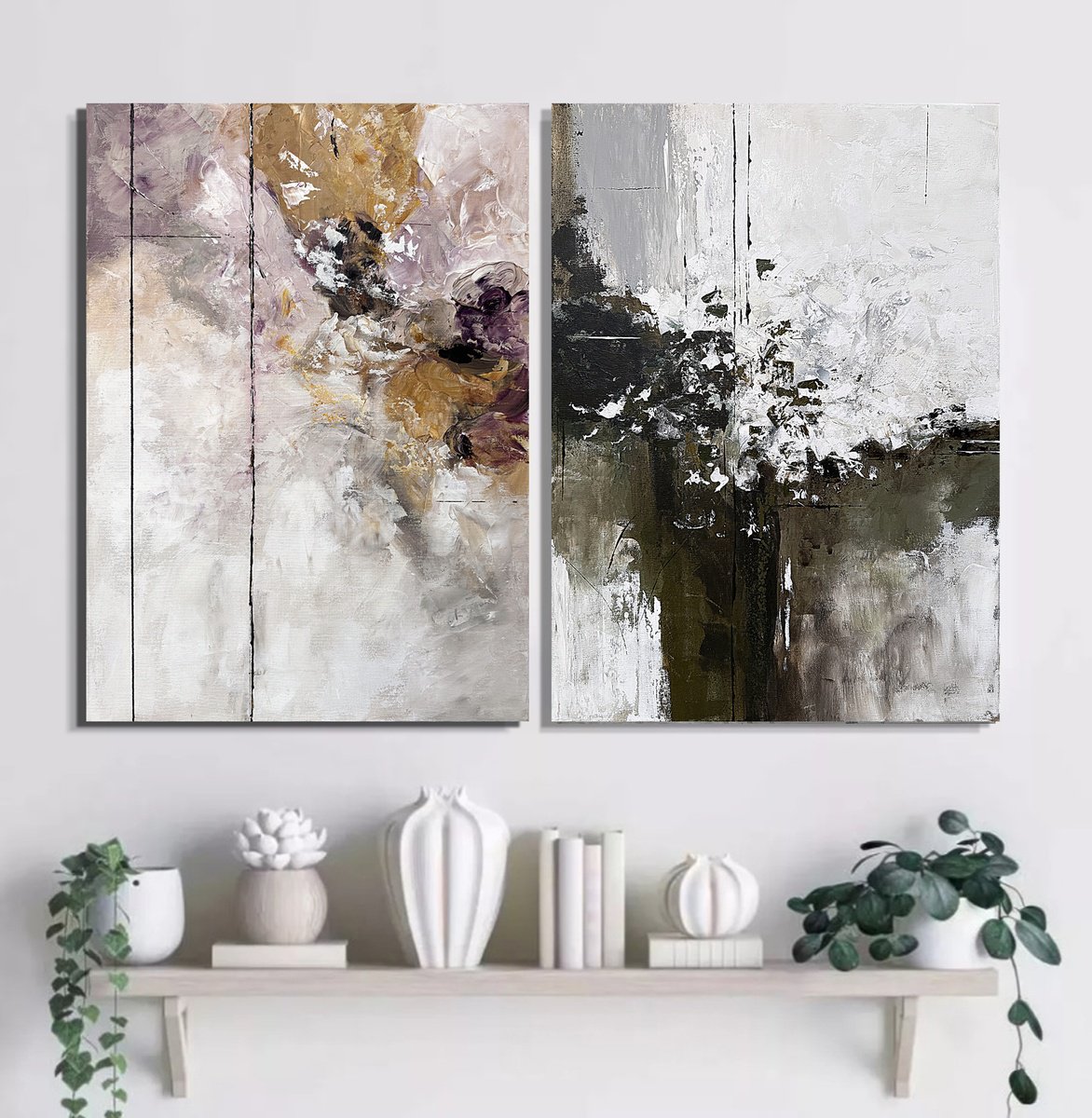 Impressionistic Abstract Acrylic Painting By Tatiana Malinovscaia, 39 X 28", Ochre & Olive Abstraction Set, Original Artwork