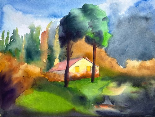 Greek Original Watercolor Painting, Abstract Landscape Artwork, Forest House Wall Art, European Home Decor by Kate Grishakova