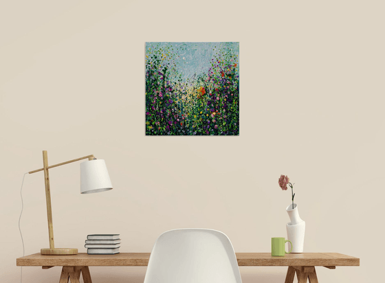 Meadow Full of Flowers Abstract Original Acrylic Painting 16”X16”X1.5”  on Canvas influenced by Jackson Pollock's Style