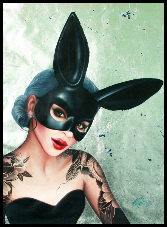 bdsm lady, Original art of cute rabbit, bdsm mask, woman with tattoo , rabbit mask, girl with tattoo, tattoo art bdsm games,black mask,print art bdsm