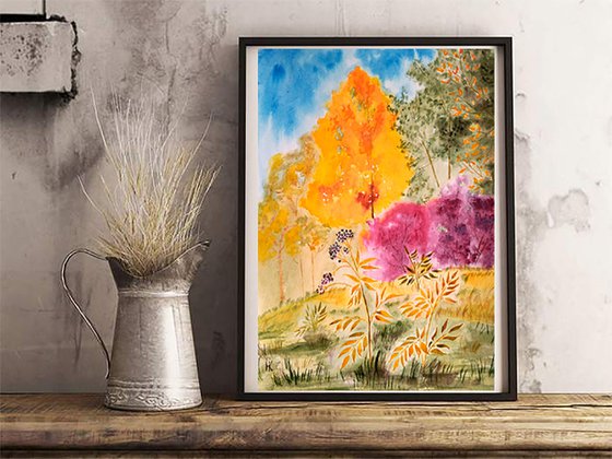 autumn landscape original watercolor painting red trees impressionistic watercolor'Red autumn"