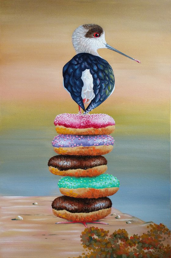 Gourmet - original oil painting on canvas, bird painting, gift idea.
