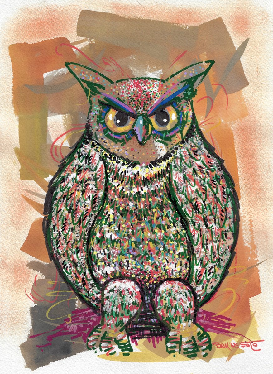 Animal Acrylic Painting By Ben De Soto, 9 X 12, Owl, Original Artwork