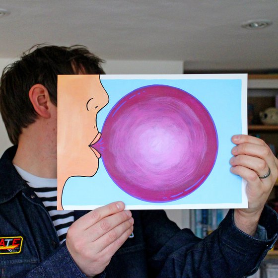 Pop! Purple Bubble Gum Pop Art Painting On Unframed Paper