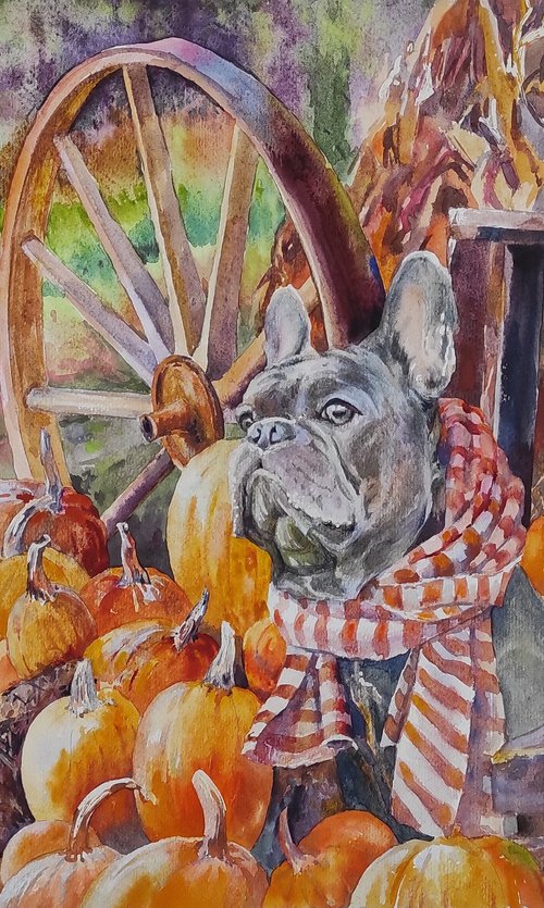 Dog - original autumn watercolor landscape, with an animal by Tetiana Borys