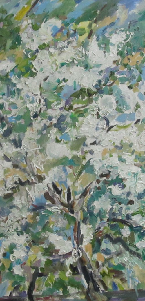 FLOWERING BUSH. APPLE TREE - floral art, landscape, blooming plant, original oil painting, Moscow by Karakhan