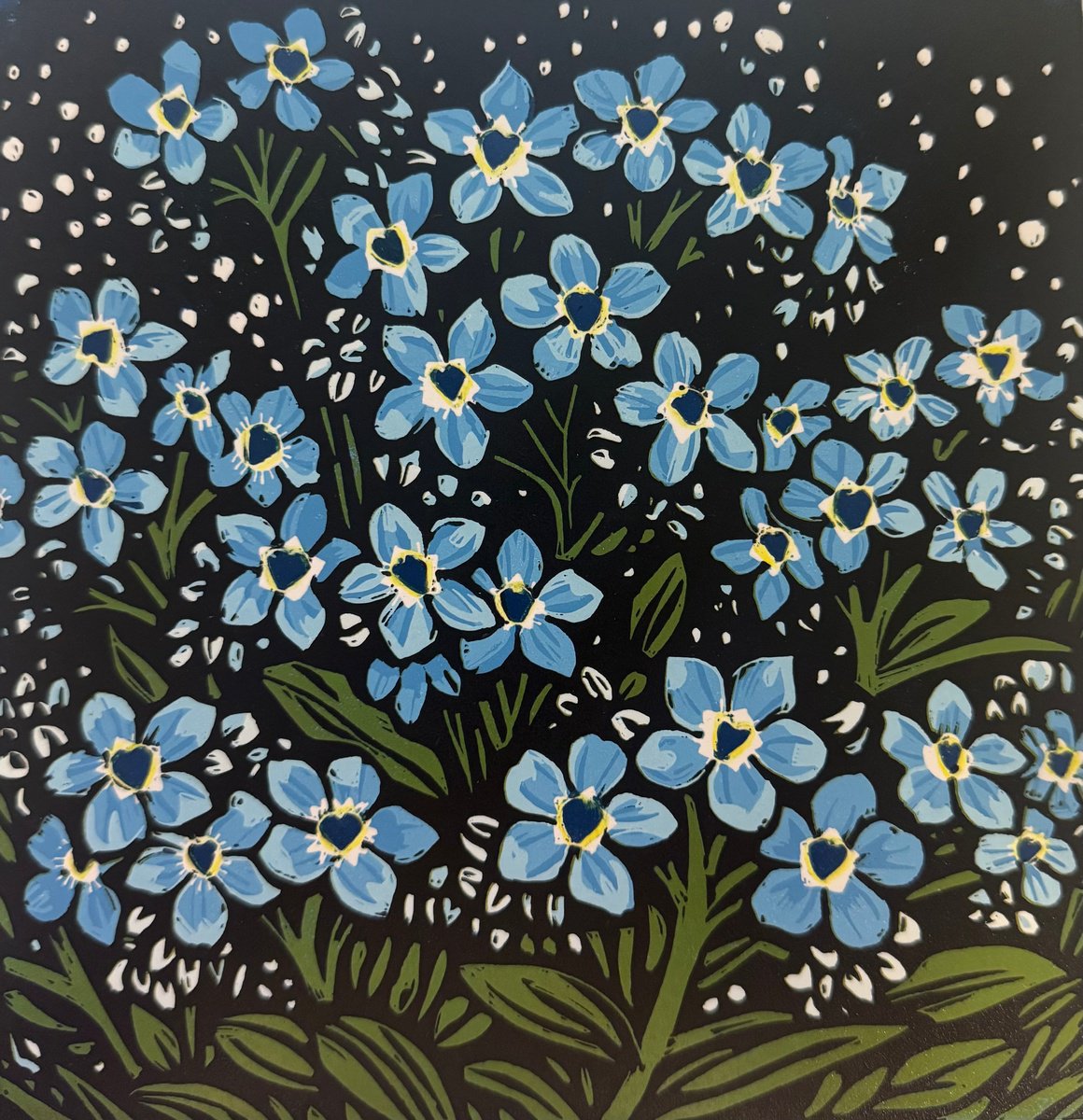 Impressionistic Linocut , Midnight Forget Me Not By Joanne Spencer, 10 X 10, Artwork For Sale On Artfinder