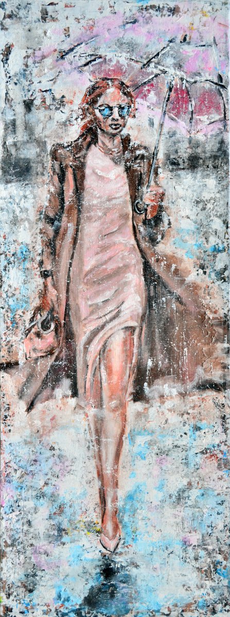 Expressive Portrait Acrylic Painting By Misty Lady - M. Nierobisz, 12 X 31", City Sound, Original Artwork