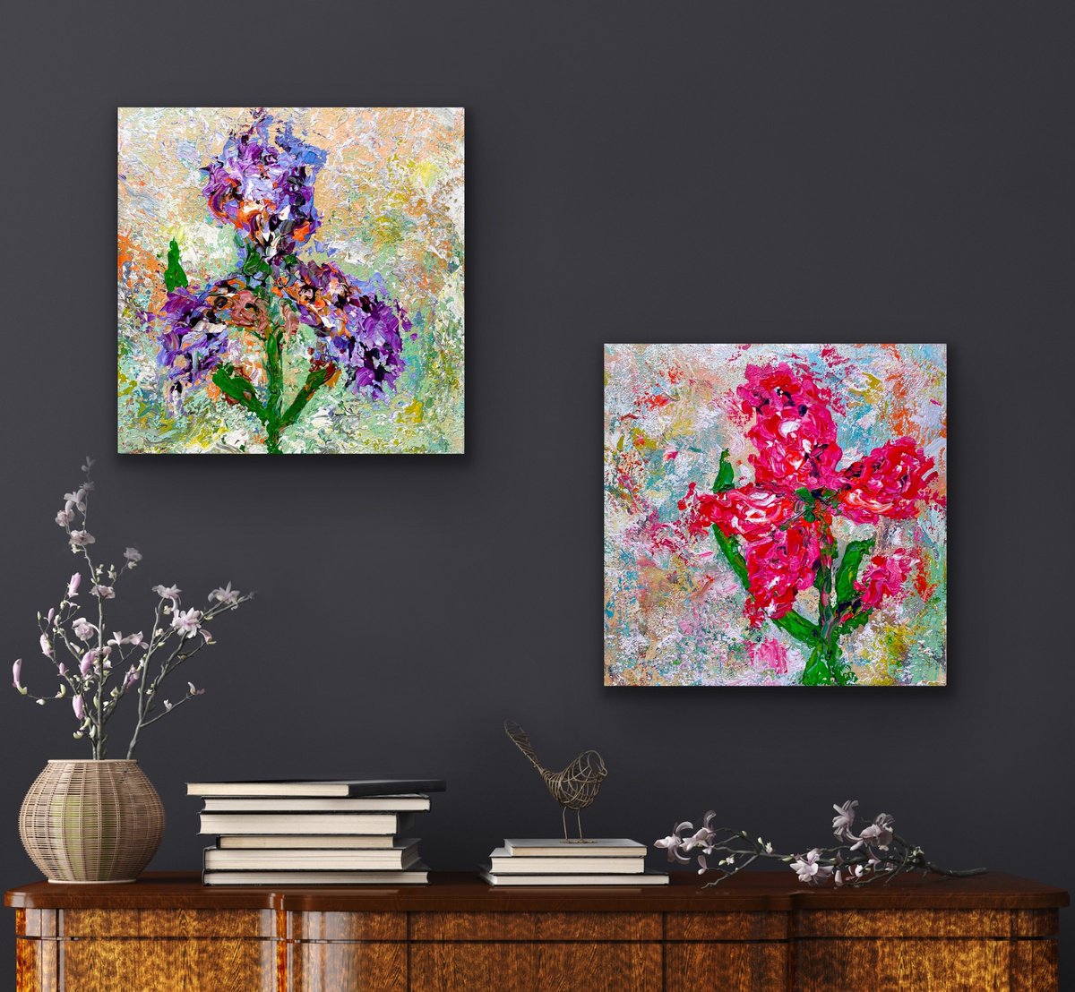 Impressionistic Botanical Acrylic Painting By Pooja Verma, 23 X 11", Blue And Red Irises - Diptych, Original Artwork