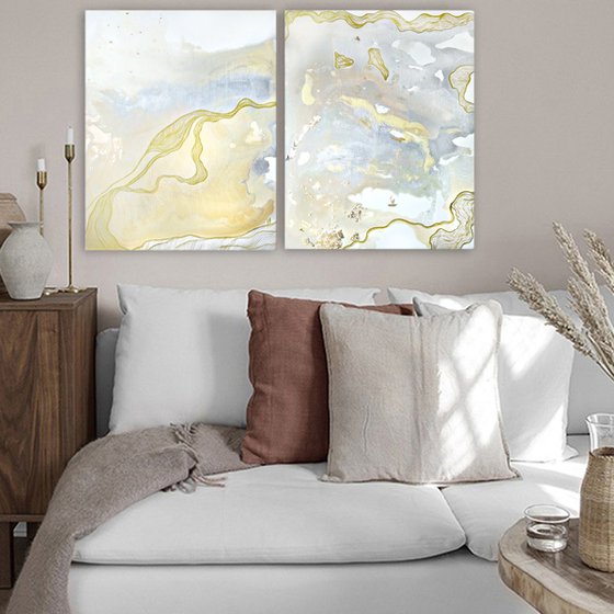 Set of 3 pieces paintings. White abstract landscape triptych. Love couple sky sun sunrise sea birds