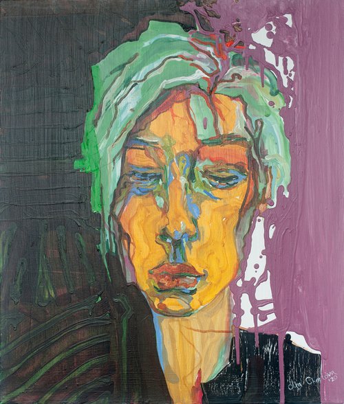 portrait woman beautiful face green hair portrait painting emotional figurative acrylic abstract wall art by Olga Chertova