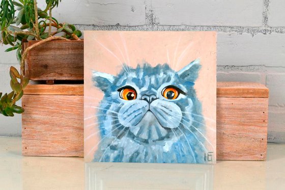 Grey Cat Oil Painting Original Art Cute Pet Artwork Cat Portrait