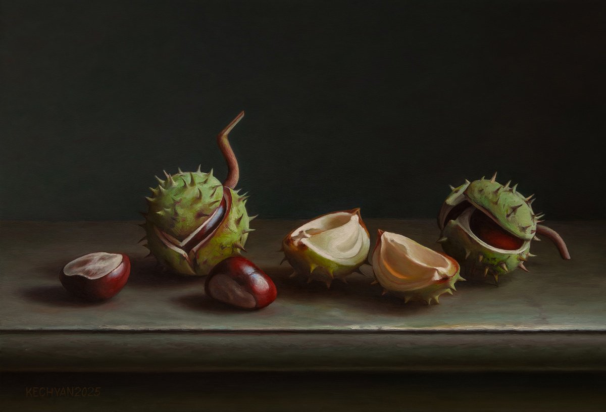 Photorealistic Still Life Oil Painting By Albert Kechyan, 14 X 10, Chestnuts, Original Artwork