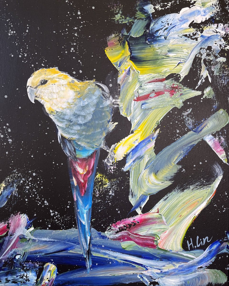 Expressive Animal Acrylic Painting By Hsin Lin, 16 X 20, Stand Out Fit In - Pale-Headed Rosella, Original Artwork