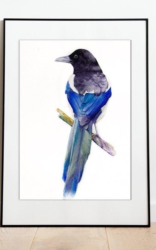 Watercolour bird magpie sitting on a branch in the rays of the sun by Tetiana Savchenko