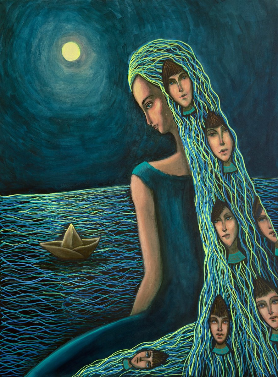 Surrealistic Portrait Acrylic Painting By Nikola Gulev, 24 X 31", "Beginning And End", Original Artwork