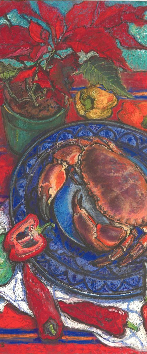 Still life with Crab and Christmas Poinsettia by Patricia Clements