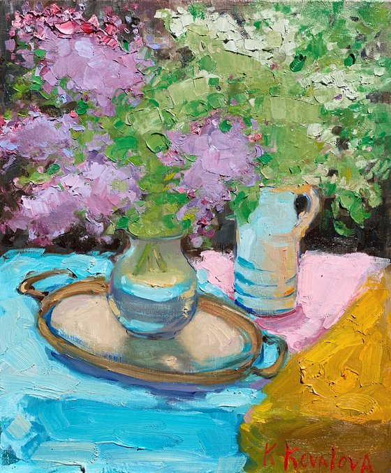 Still life with lilacs and bird cherry