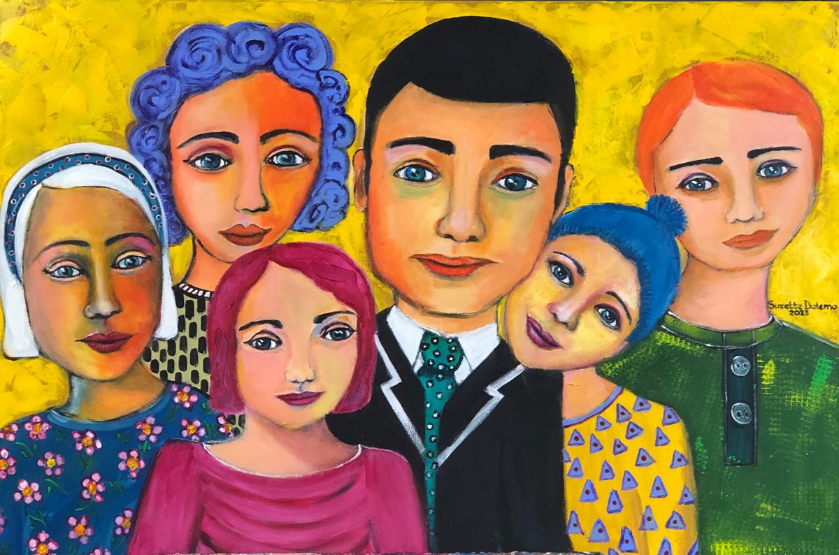 Naive Portrait Acrylic Painting By Suzette Datema, 36 X 24", People Are Living Stories, Original Artwork