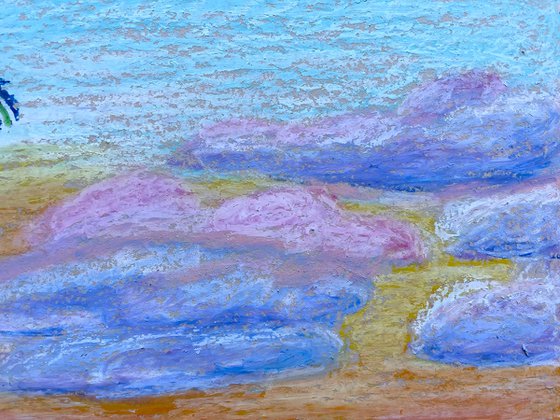 Ocean Original Painting, Sunset Beach Oil Pastel Drawing, Seascape Art, Pastel Home Decor