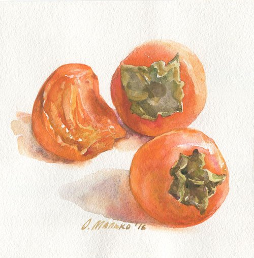 Persimmons. Kitchen still life Orange fruits Bathroom decor Watercolor painting Dining room wall art by Olha Malko