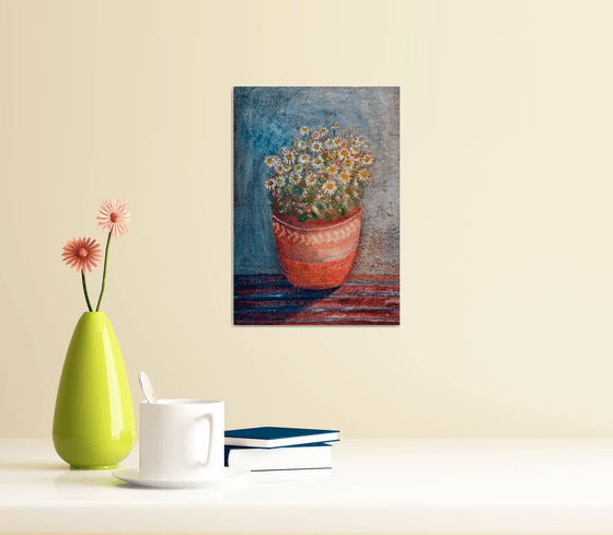 Daisy Pot, still life watercolour and acrylic painting