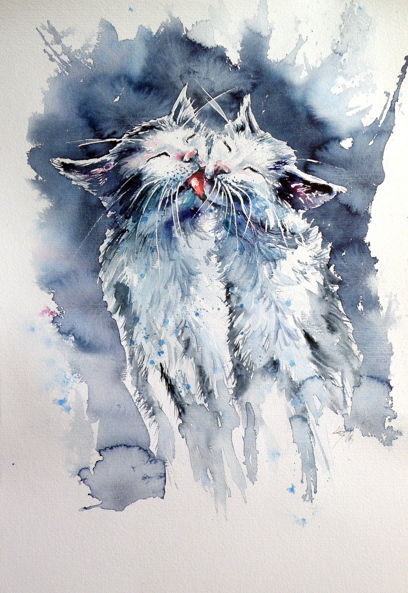 Impressionistic Watercolour , Cats By Kovacs Anna Brigitta, 14 X 20, Artwork For Sale On Artfinder
