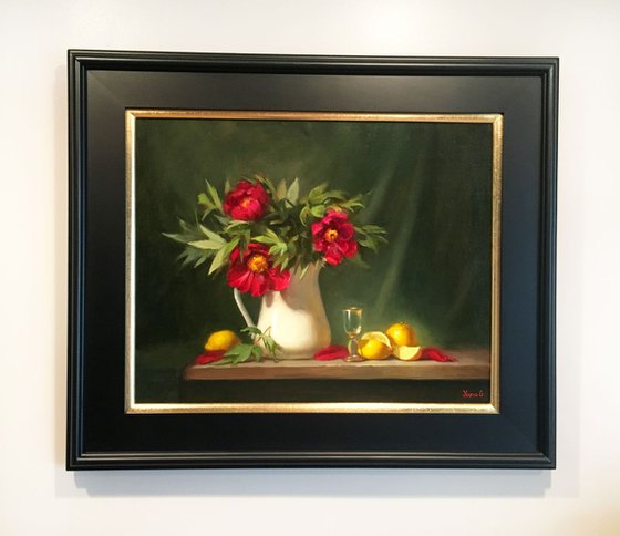 Peonies and lemons. Framed painting. Oil on linen