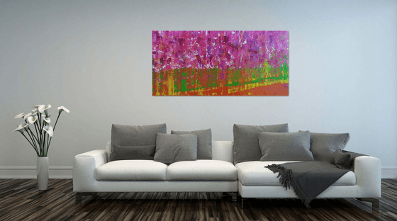 Walking by the blooming orchard - XXL colorful palette knife painting