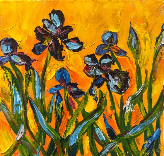 Irises on a yellow background