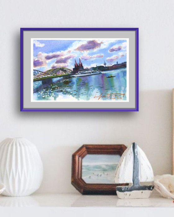 Cologne Cathedral and River Boat Watercolor Painting