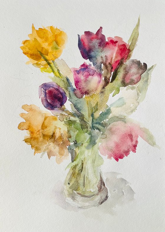 Tulips in vase. Original watercolour painting. 2020